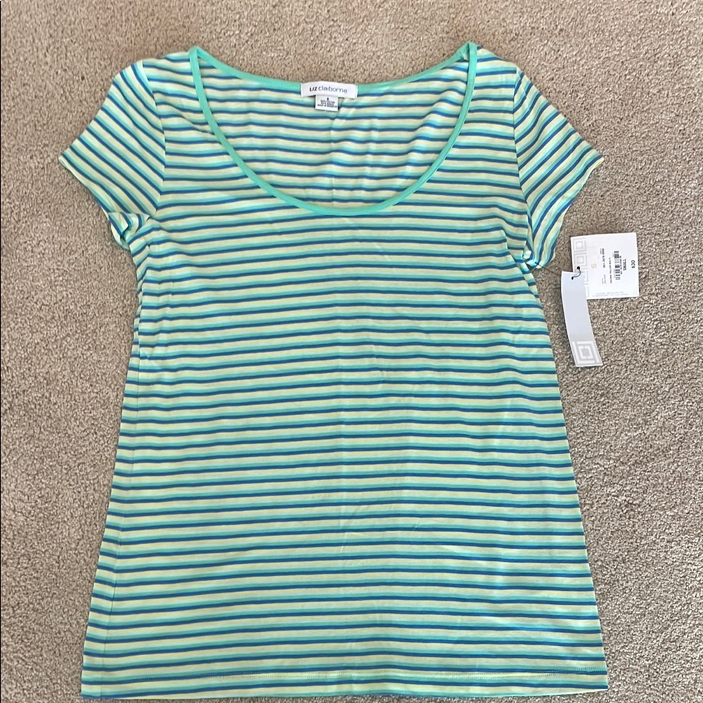 NWT Liz Claiborne racing yellow multi short sleeve top, size S